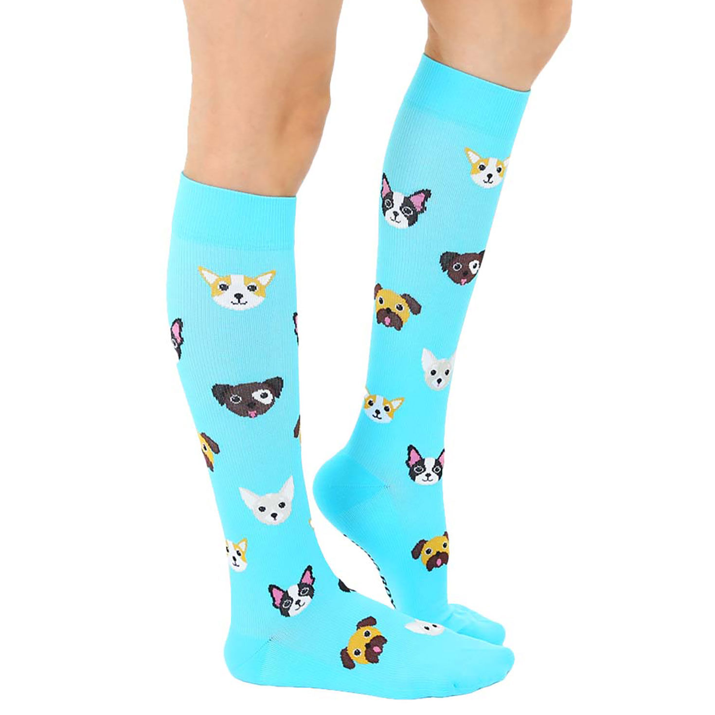 Living Royal Dog Faces on Bright Blue Compression Socks