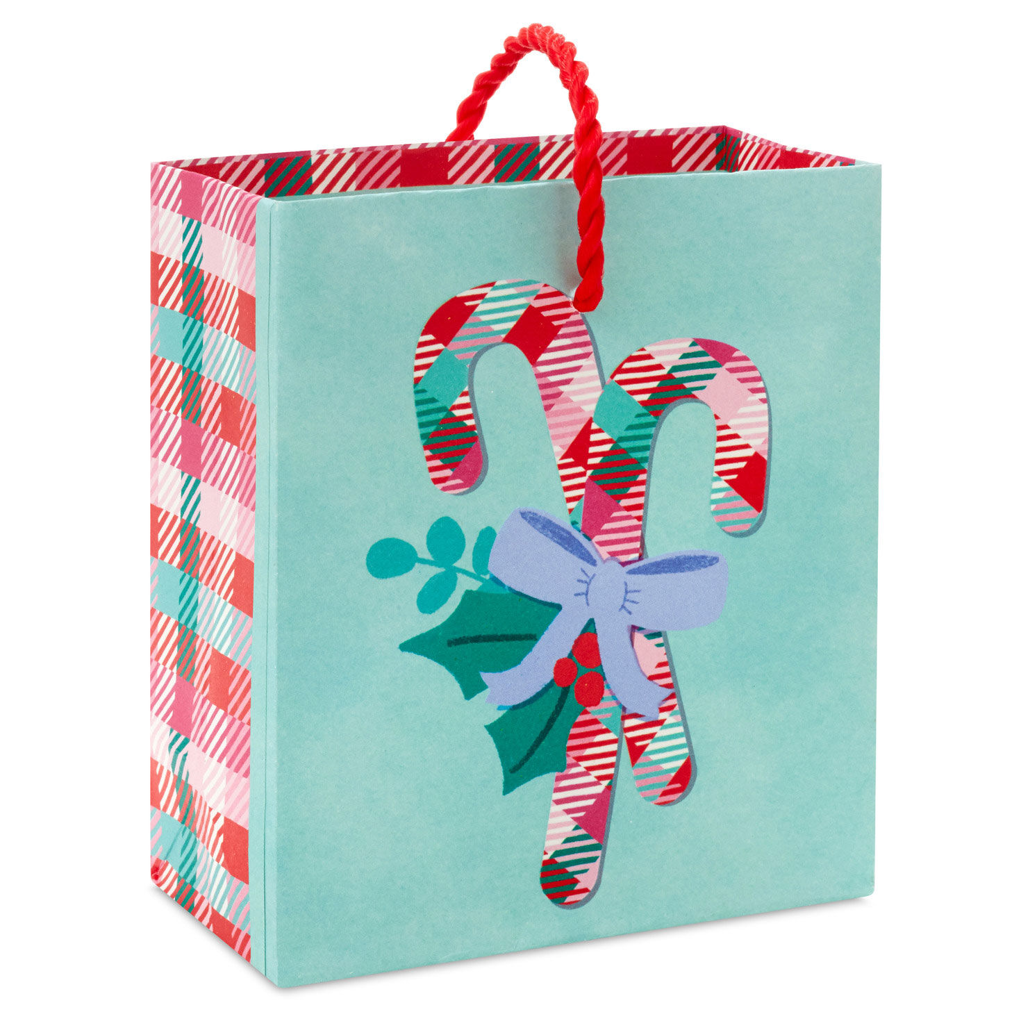4.6" Plaid Candy Canes on Aqua Christmas Gift Card Holder Mini Bag