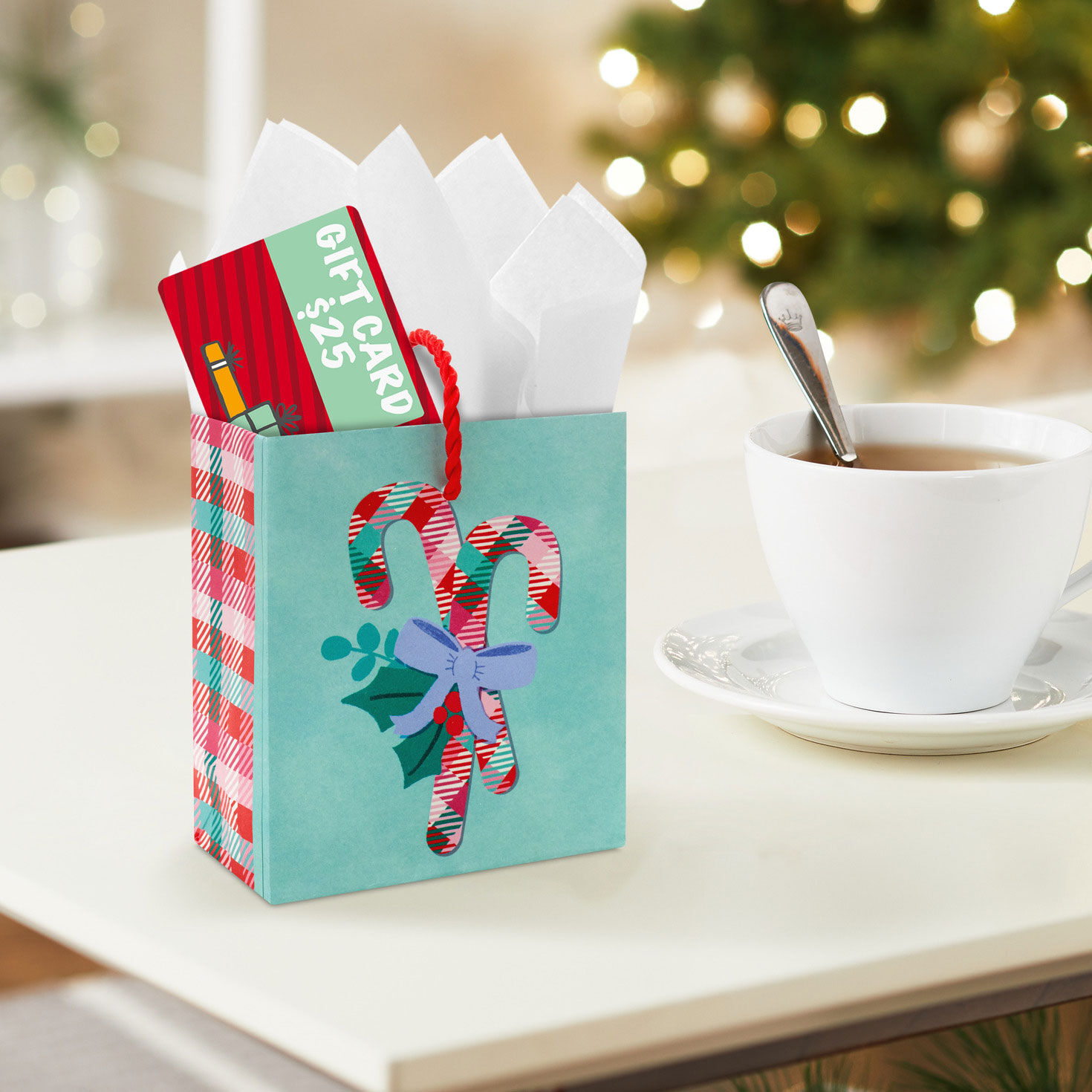 4.6" Plaid Candy Canes on Aqua Christmas Gift Card Holder Mini Bag