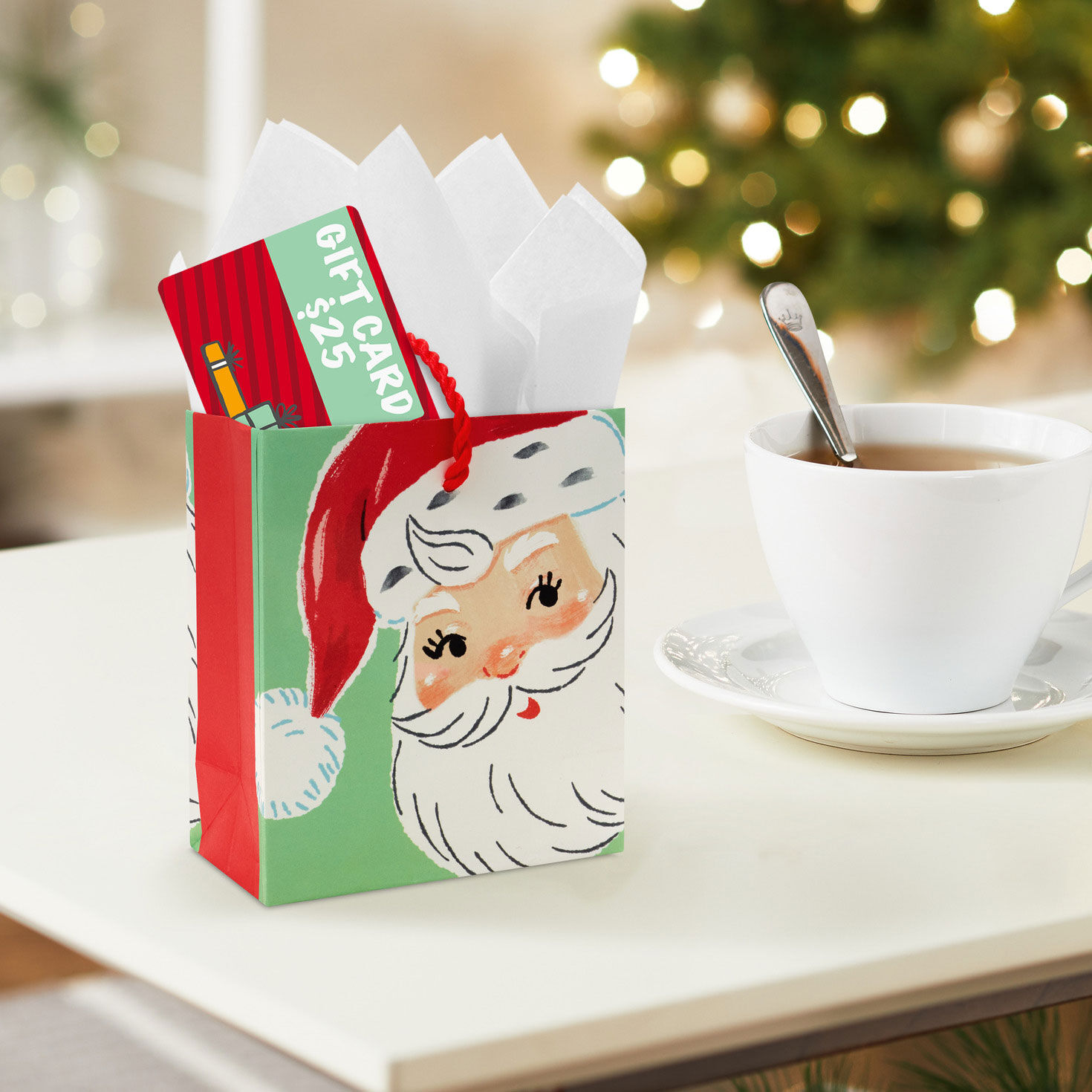 4.6" Smiling Santa on Green Christmas Gift Card Holder Mini Bag