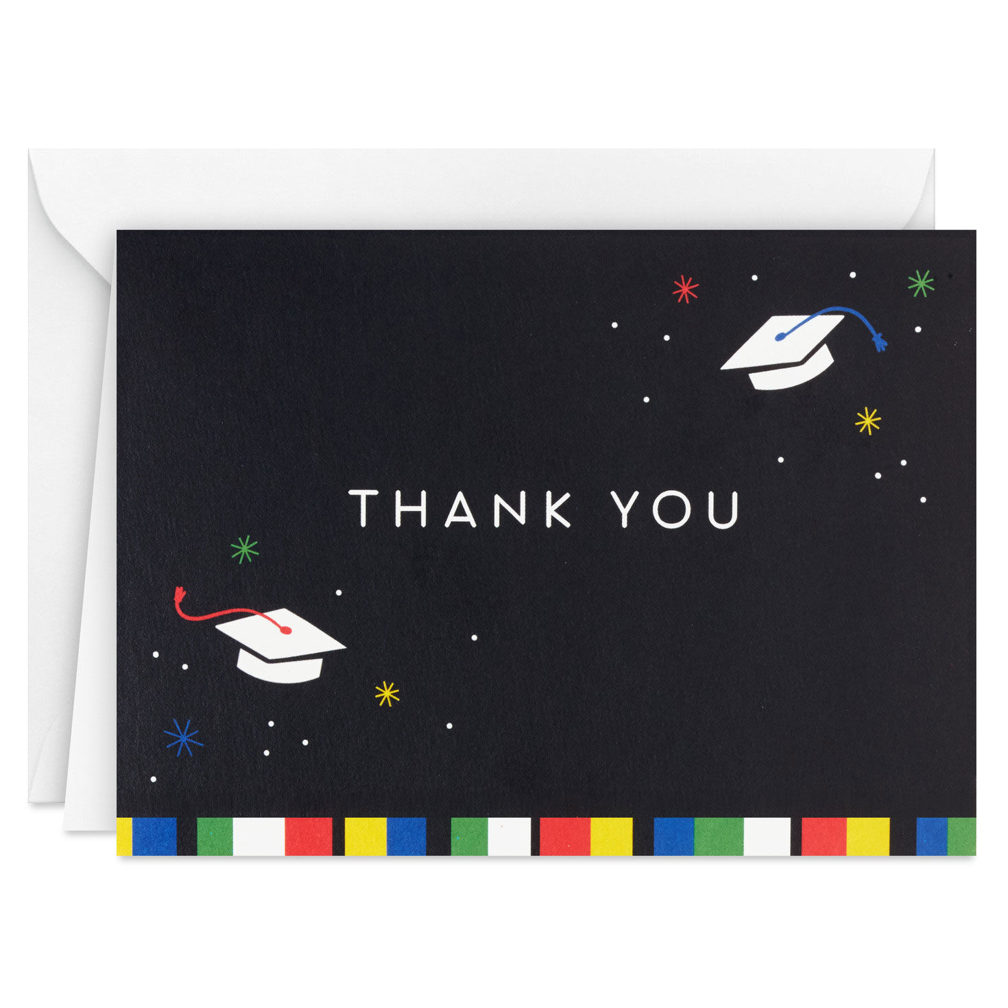 Grad Caps on Black Graduation Thank-You Notes, Pack of 10