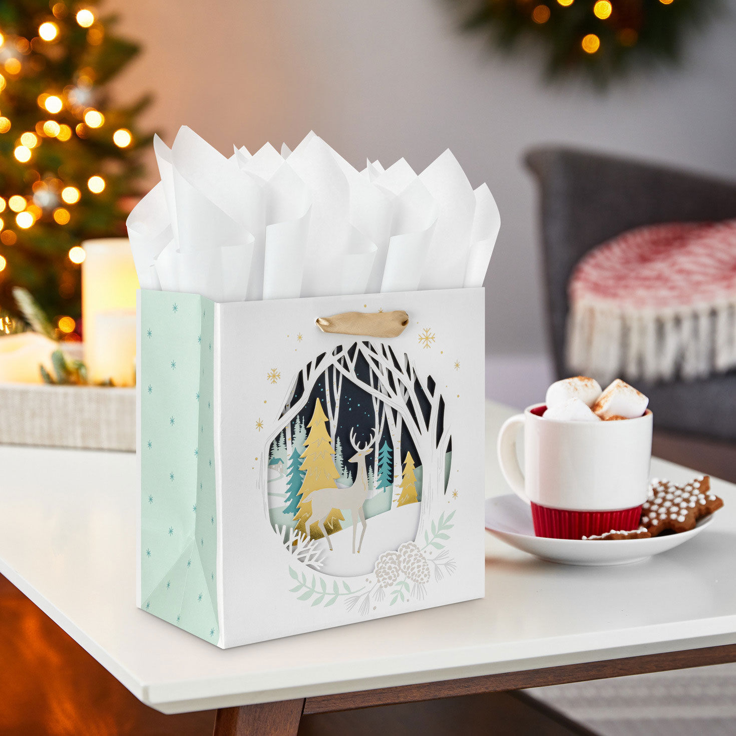 3058-7-7-deer-and-trees-silhouette-medium-square-holiday-gift-bag-2.jpg 7.7" Deer and Trees Silhouette Medium Square Holiday Gift Bag