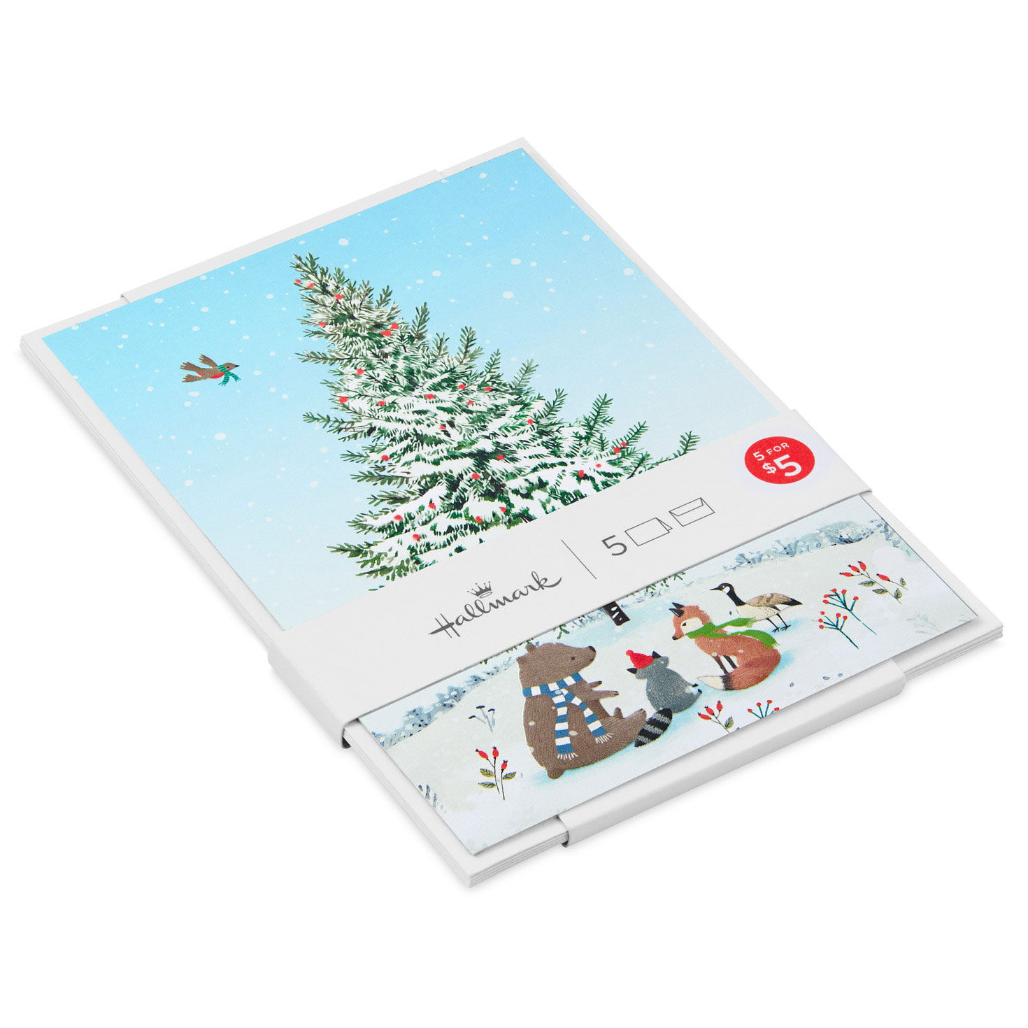Woodland Critters Around A Snowy Tree Packaged Christmas Cards, Set
