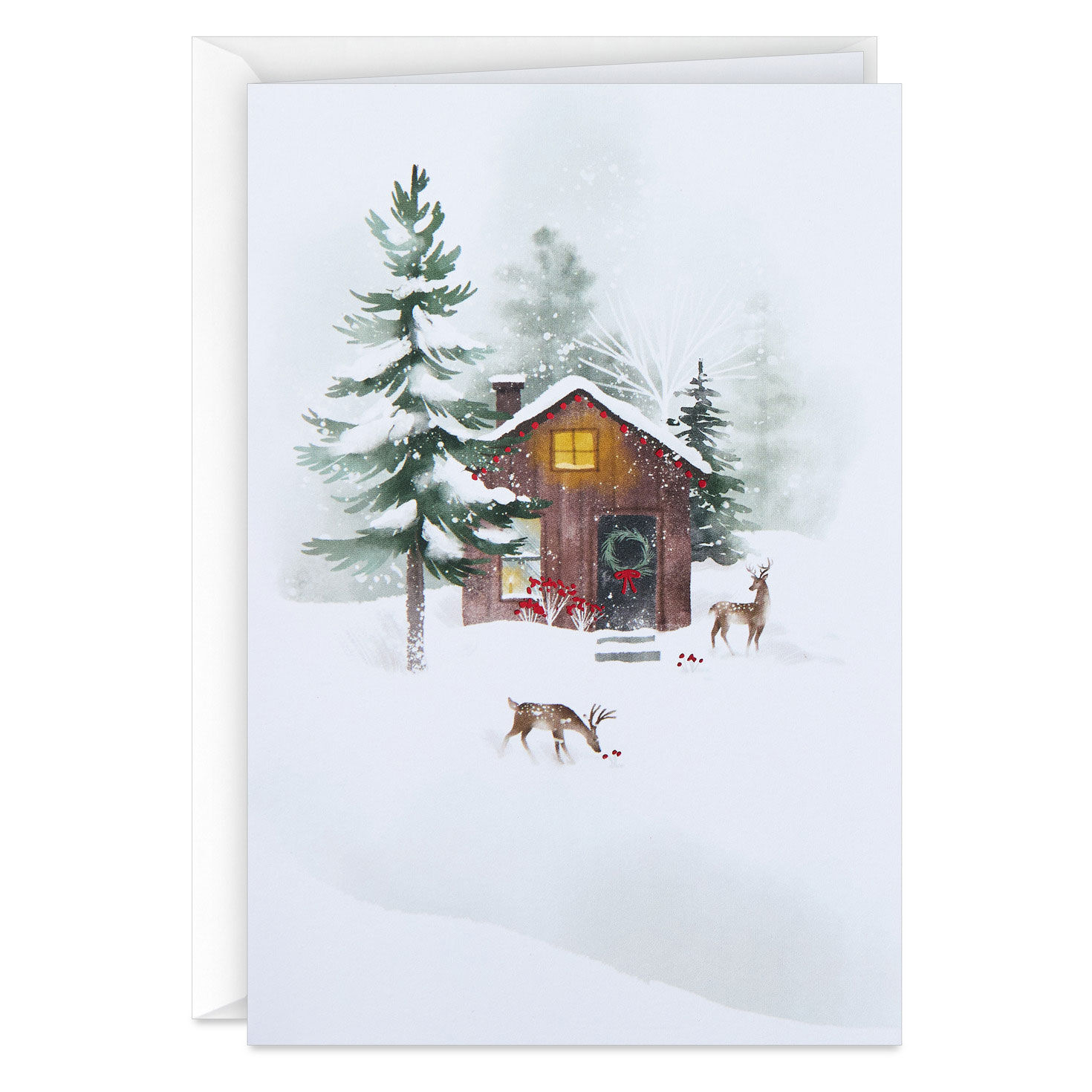 Snowy Cabin And Deer Packaged Christmas Cards, Set Of 5