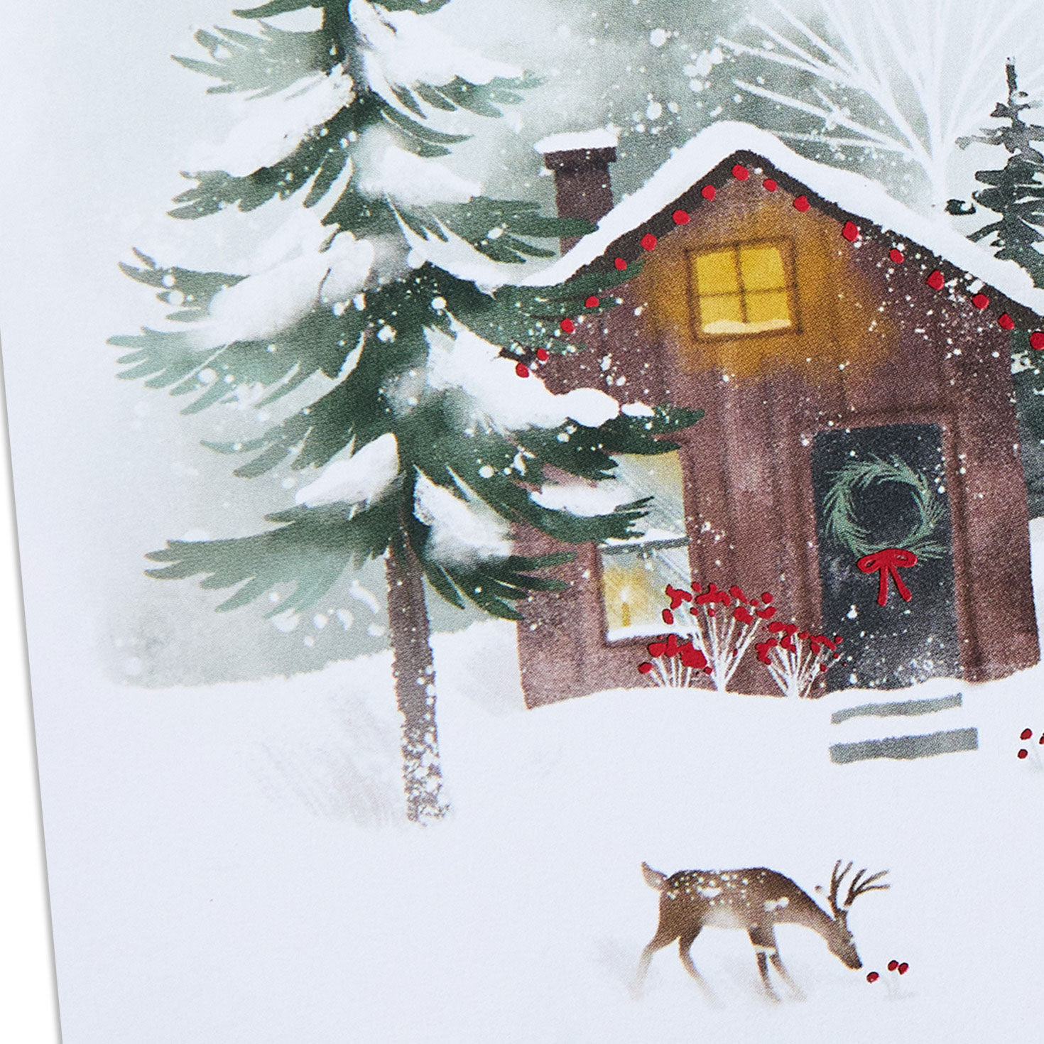 Snowy Cabin And Deer Packaged Christmas Cards, Set Of 5