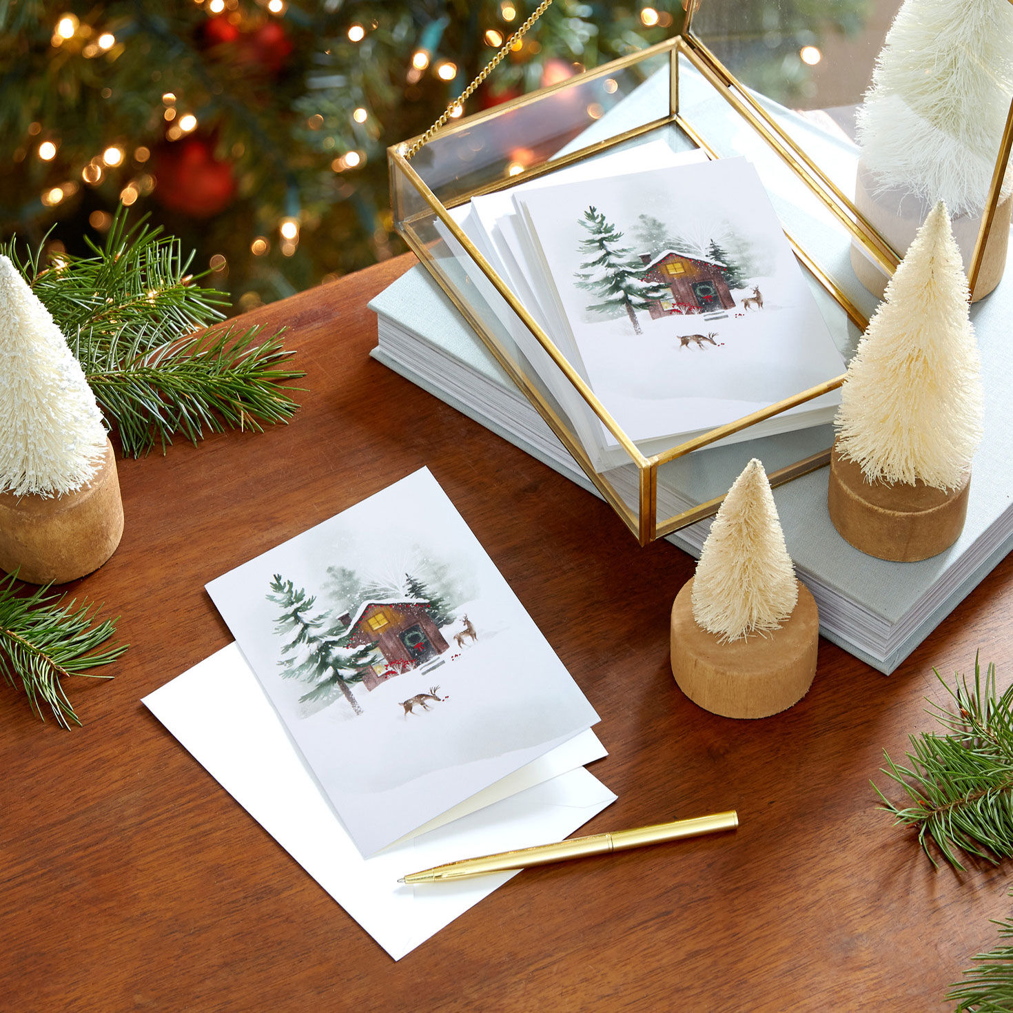 Snowy Cabin And Deer Packaged Christmas Cards, Set Of 5