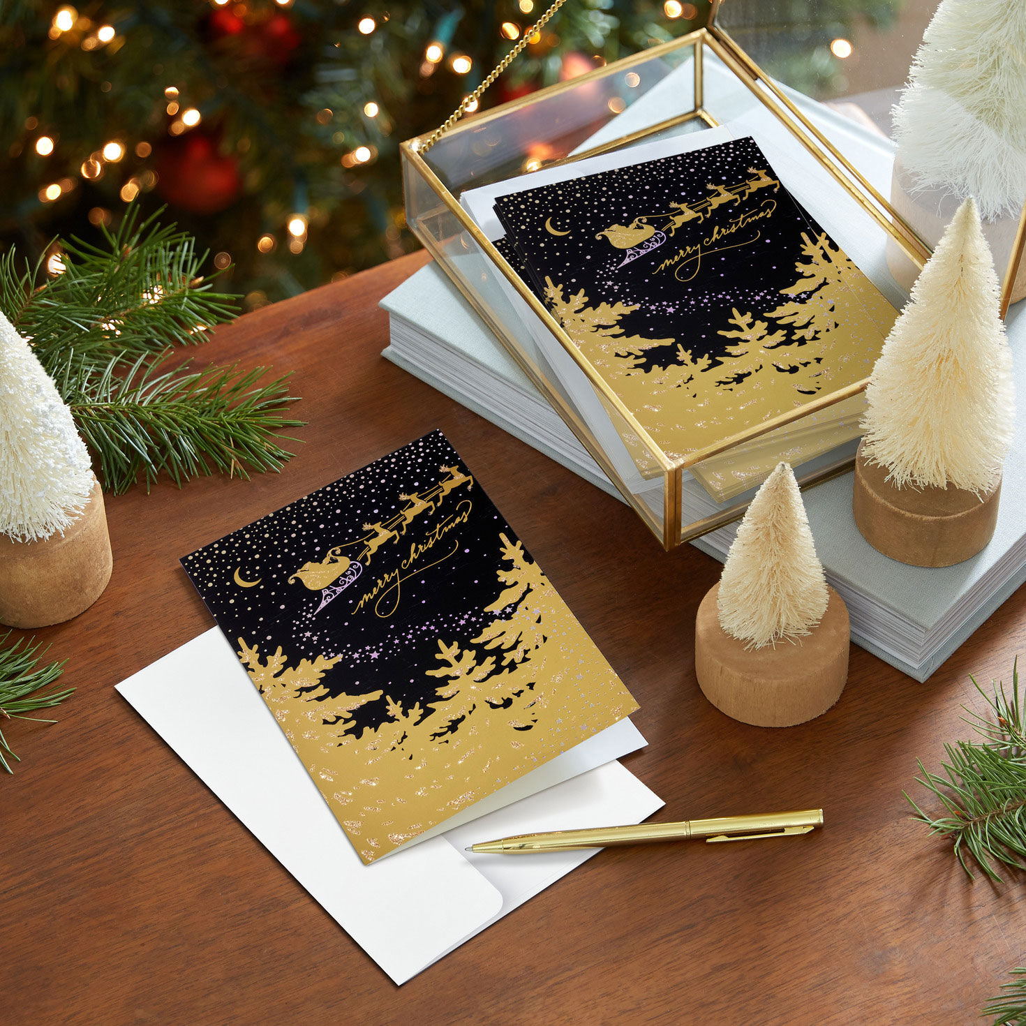 3361-gold-sleigh-in-dark-sky-boxed-christmas-cards-pack-of-16-7.jpg Gold Sleigh in Dark Sky Boxed Christmas Cards, Pack of 16