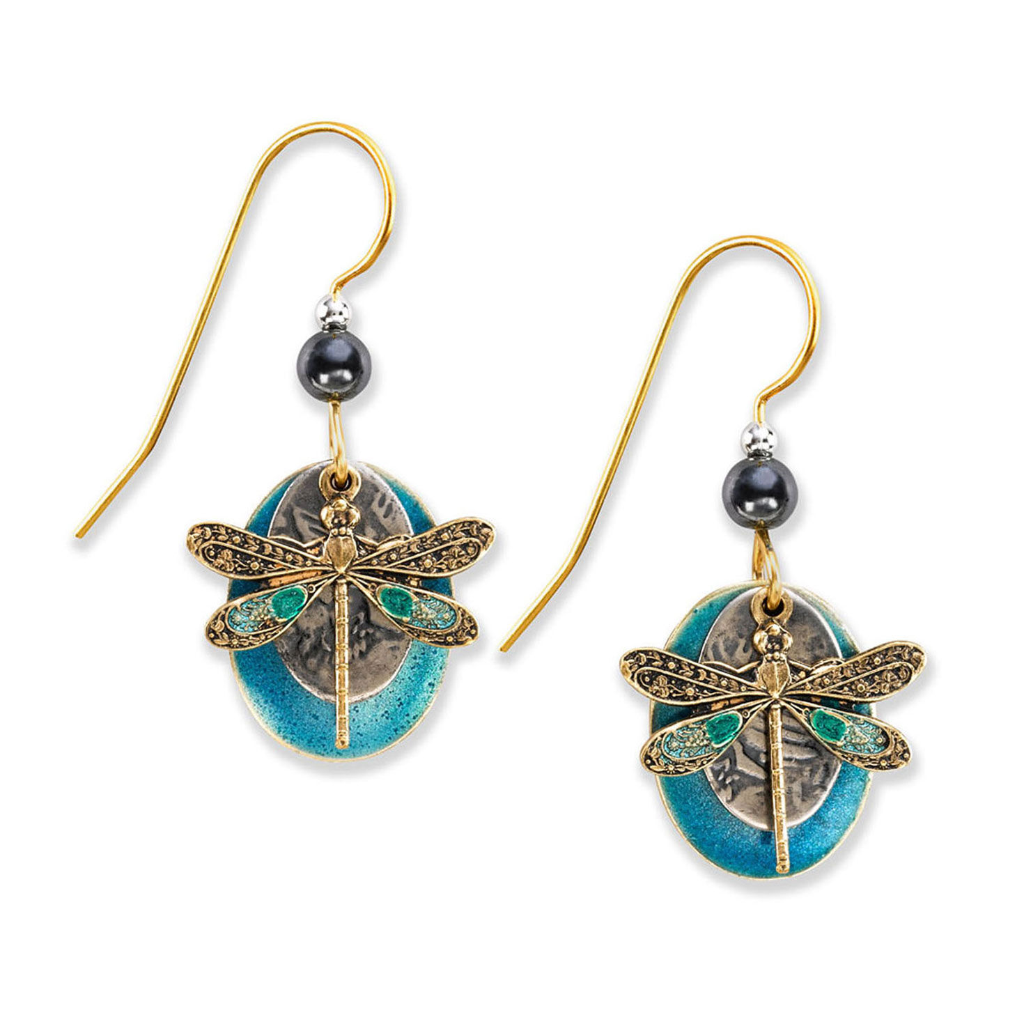 Silver Forest Dragonfly Layered Turquoise Oval Drop Earrings