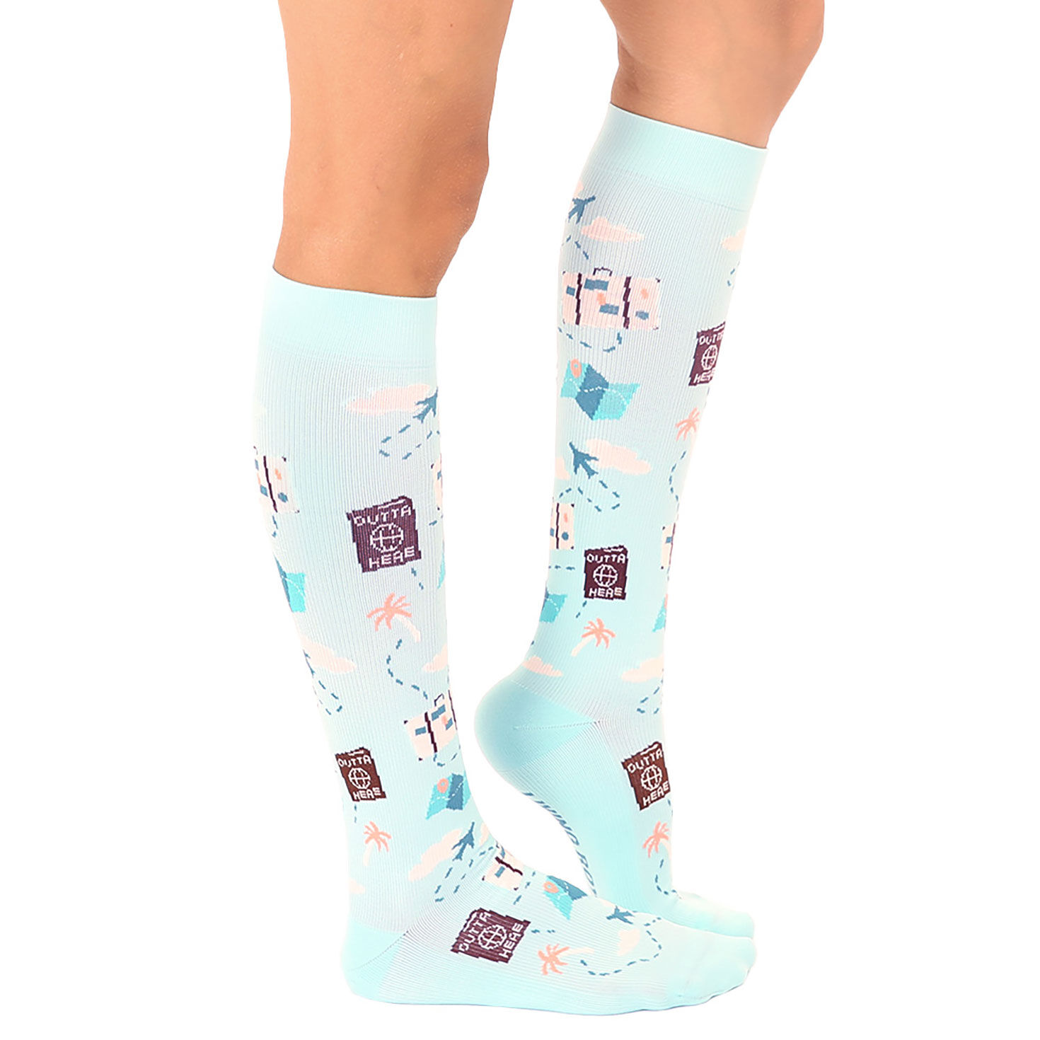 Living Royal Travel Icons on Aqua Compression Socks