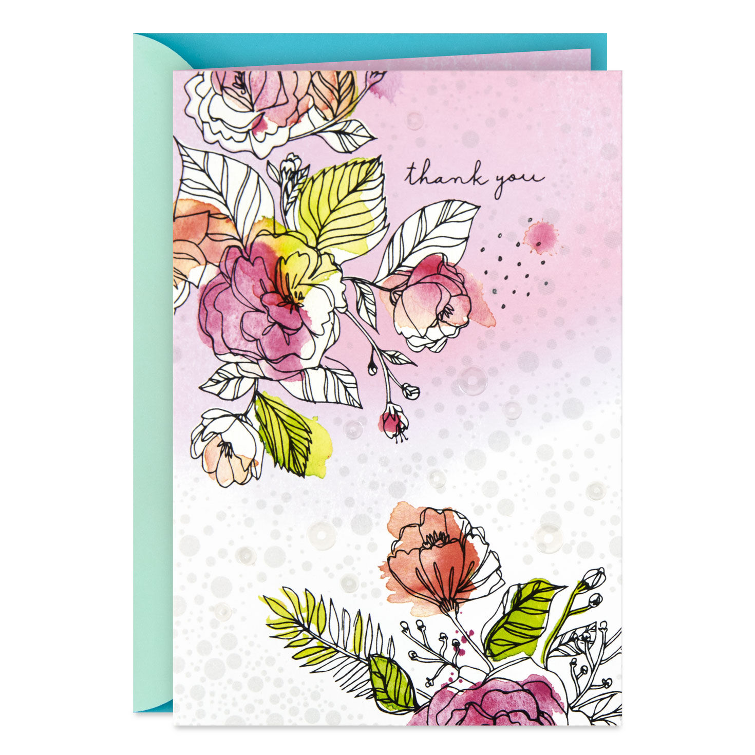 Watercolor Flowers and Sequins Blank Thank You Card