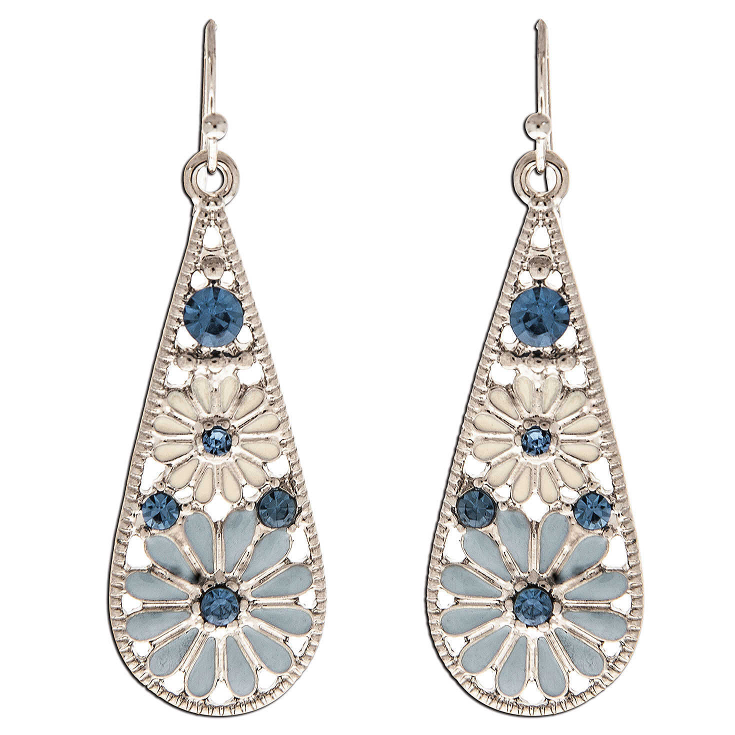Rain Jewelry Blue and Ivory Flowers Silver Drop Earrings
