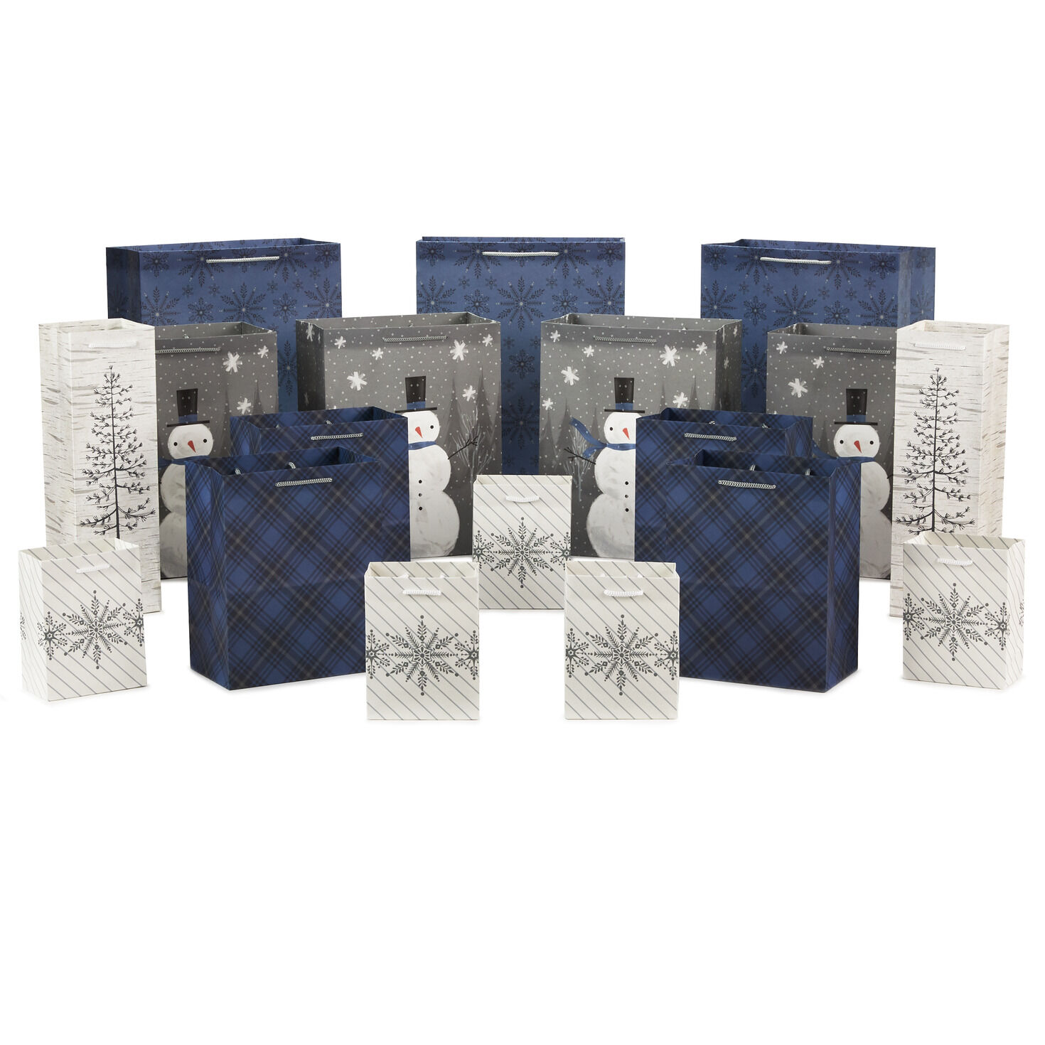 Bulk Blue and Gray 18-Pack Holiday Gift Bags, Assorted Sizes and Designs