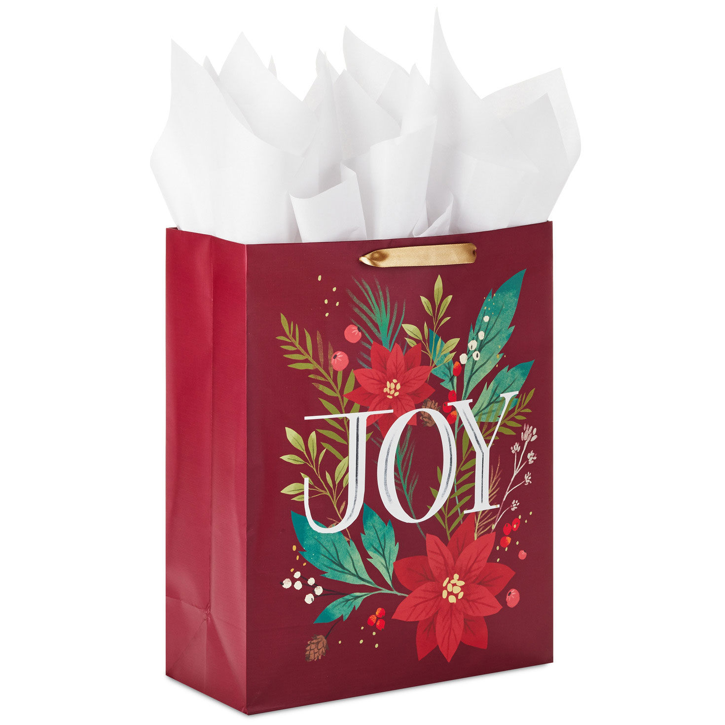15.5" Joy and Poinsettia Extra-Large Holiday Gift Bag With Tissue Paper