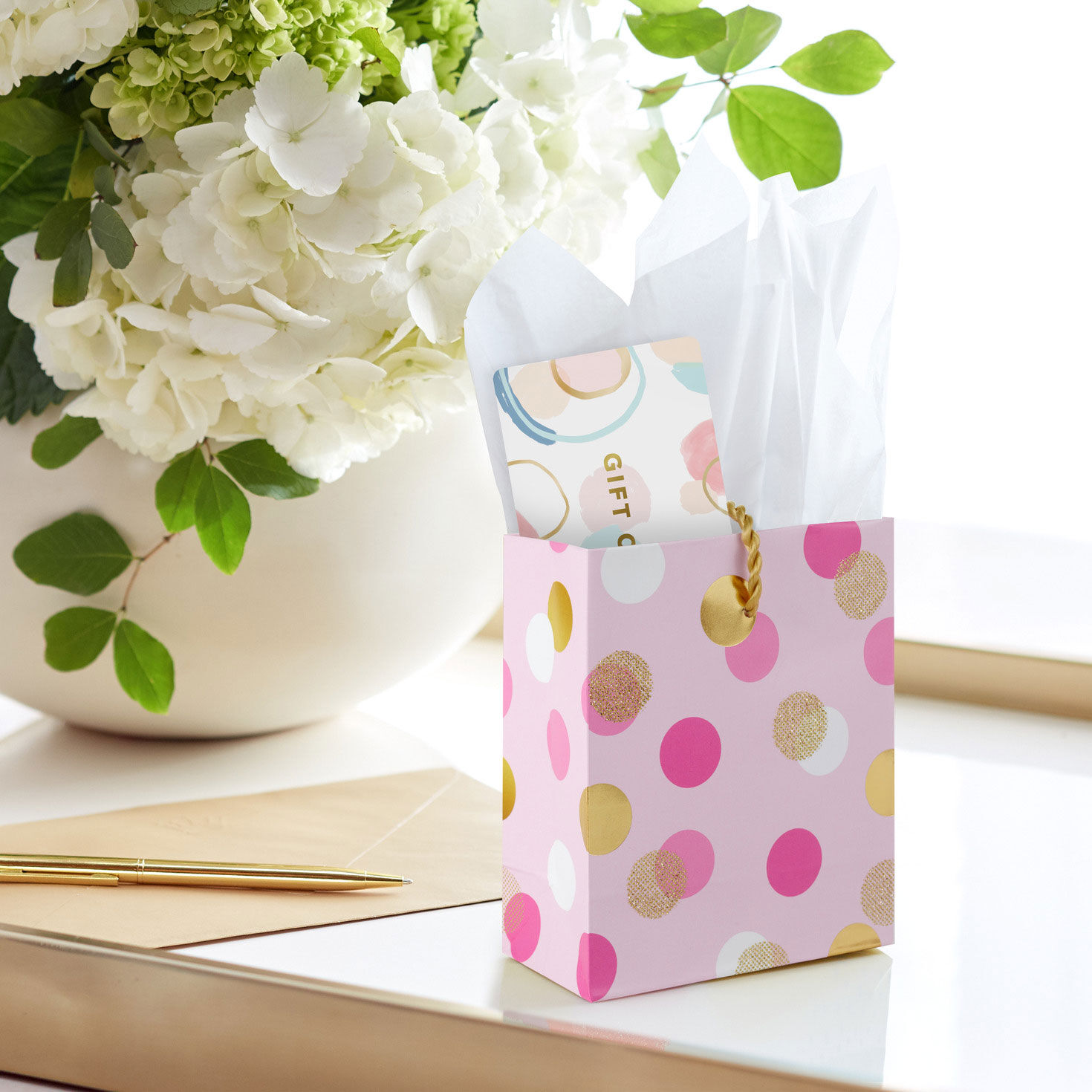 8044-4-6-pink-and-gold-dots-gift-card-holder-mini-bag-2.jpg 4.6" Pink and Gold Dots Gift Card Holder Mini Bag