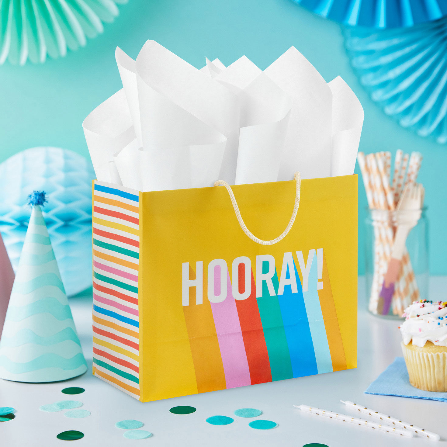8780-7-7-hooray-on-yellow-medium-horizontal-gift-bag-2.jpg 7.7" Hooray on Yellow Medium Horizontal Gift Bag