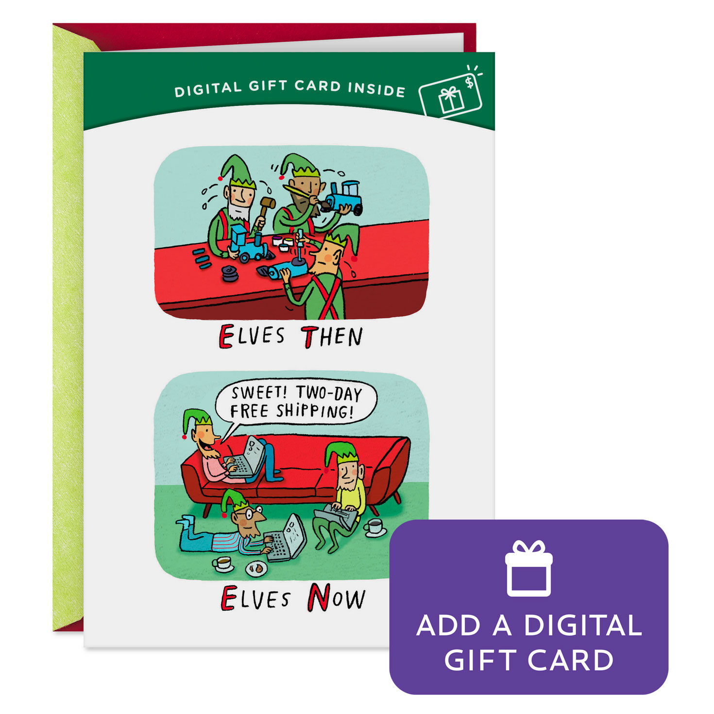9673-elves-then-and-now-gift-card-greeting-funny-christmas-card-1.jpg Elves Then and Now Gift Card Greeting Funny Christmas Card
